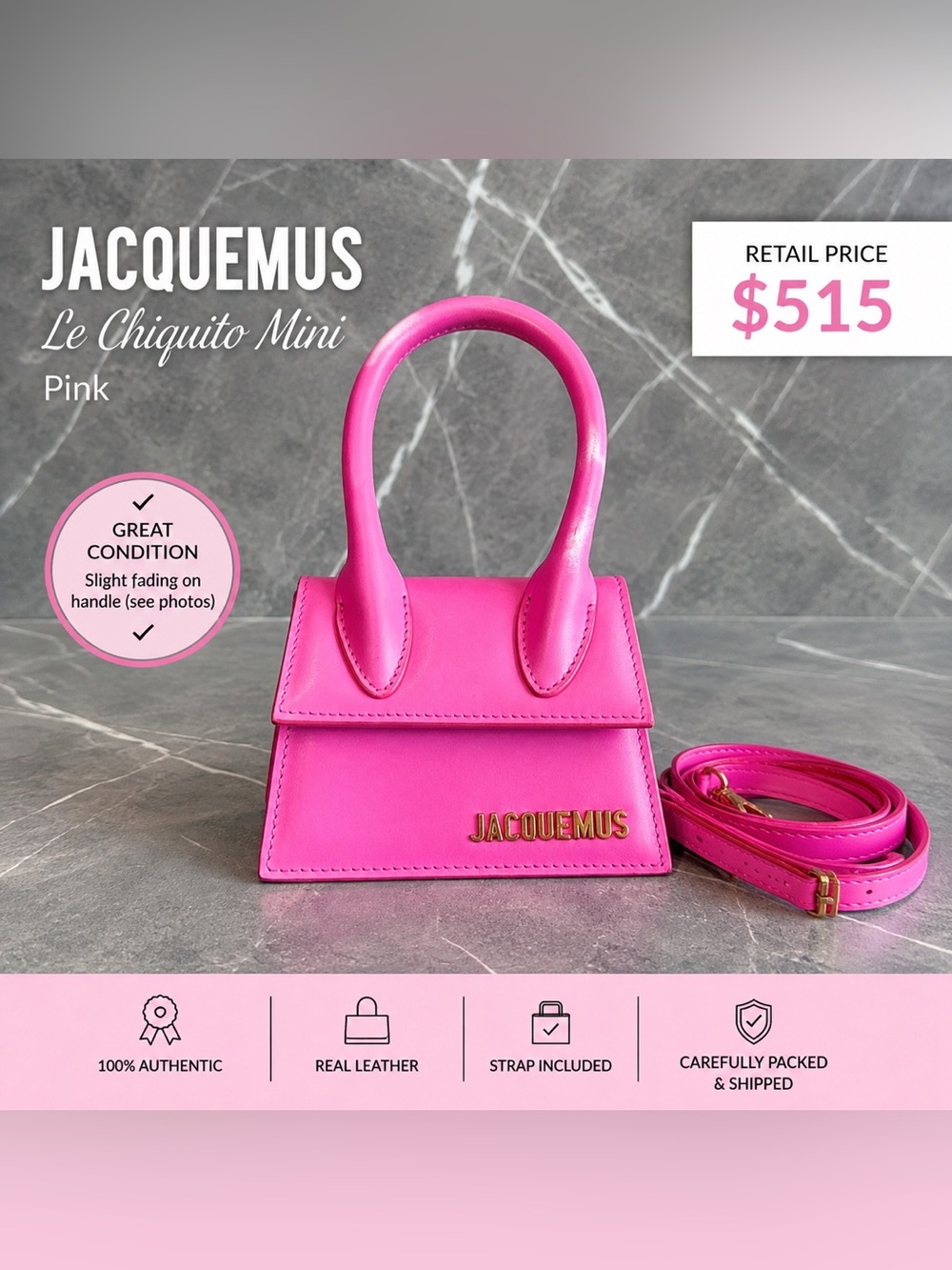 Jacquemus Le Chiquito Mini Pink Leather Bag w/ Strap
